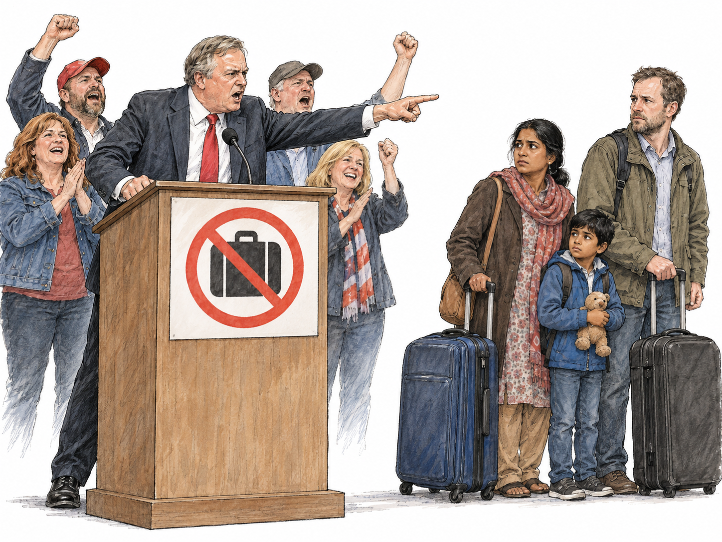 A politician wins applause while scapegoating a calm newcomer family.