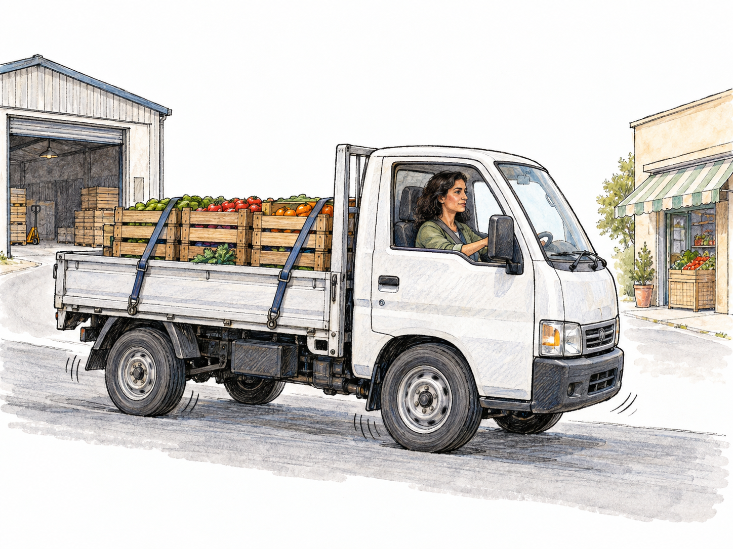 A loaded flatbed truck travels from a small warehouse toward a separate shop, visibly carrying secured crates between the two places.