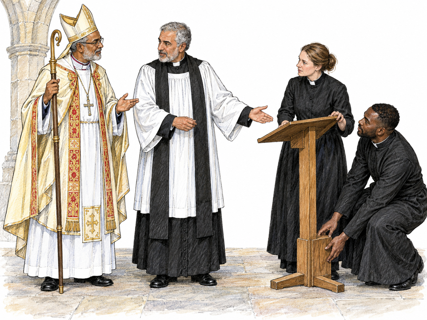 A senior cleric coordinates two junior clergy beside a bishop, making the archdeacon's intermediate supervisory role visible through a clear chain of attention and action.