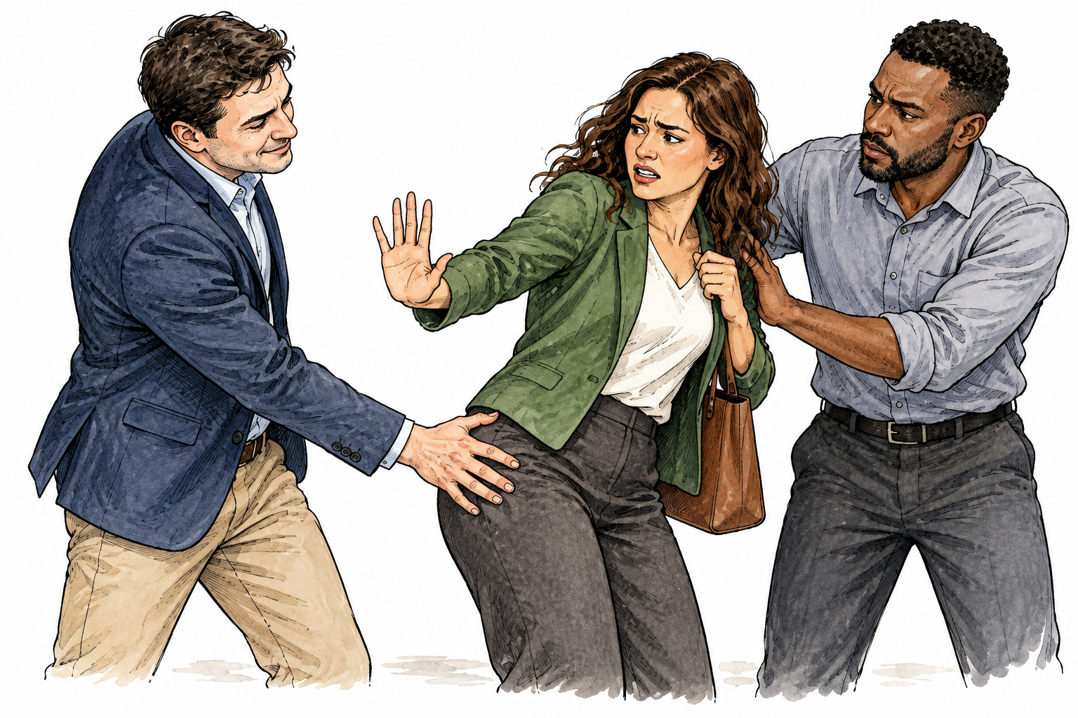 Fully clothed adult woman forcefully stops an adult man's unwanted hand at her hip, recoiling distressed with raised stop palm; another adult intervenes supportively.