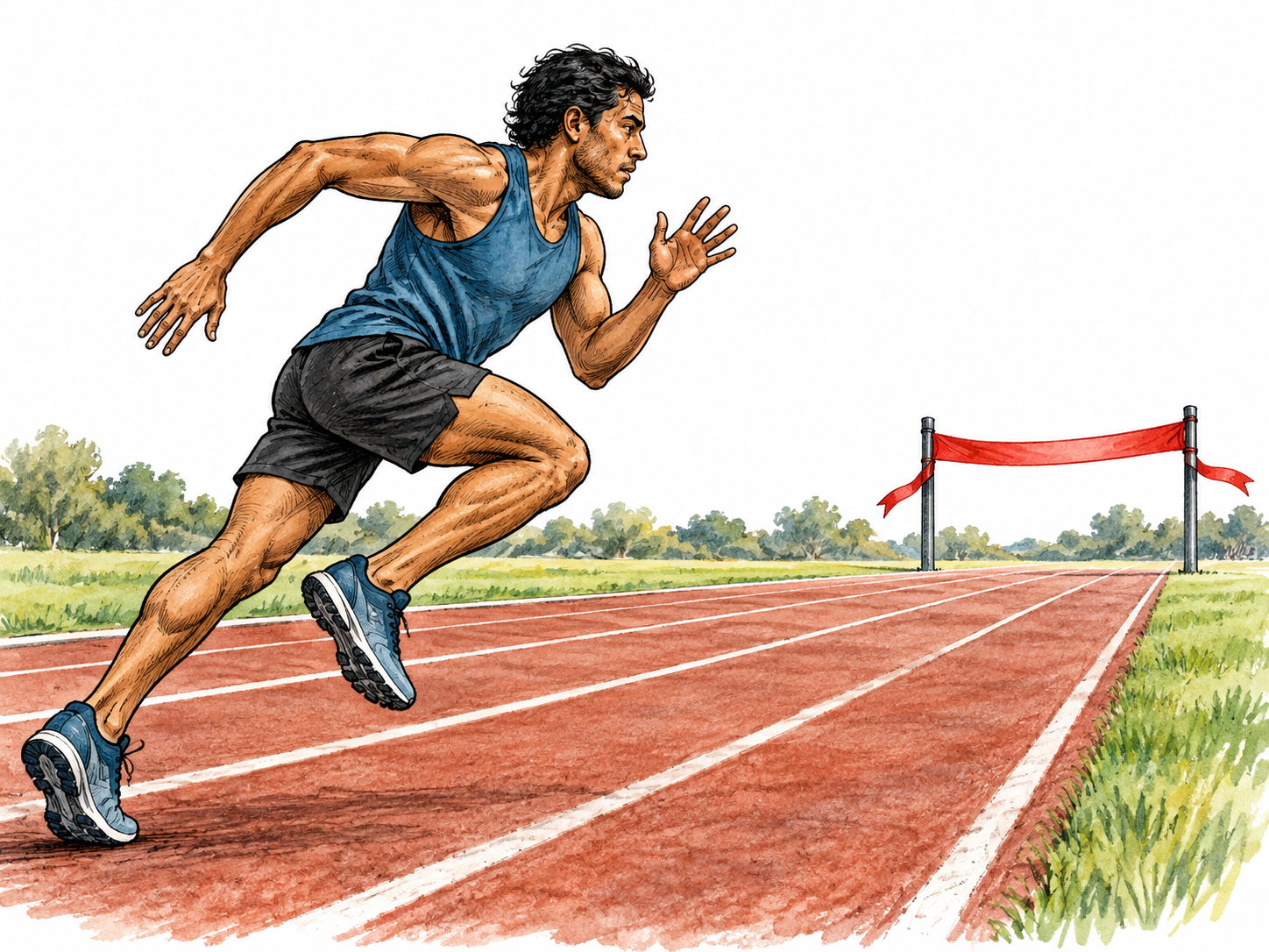 An adult Latino runner trains determinedly on a track while looking toward the distant finish ribbon.