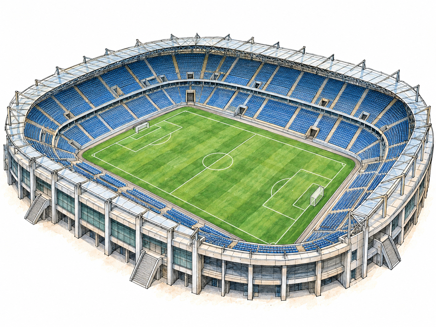 An elevated three-quarter view of a large open-air stadium, clearly showing continuous tiers of seats surrounding a central sports field.