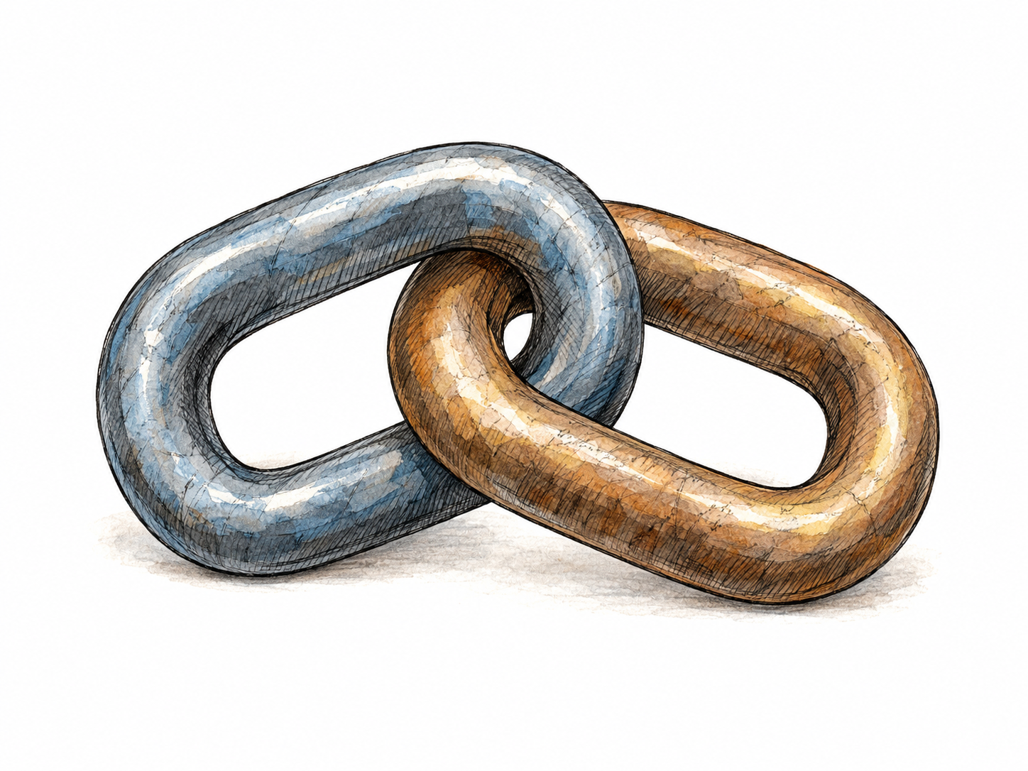 Two substantial metal chain links interlocked, with their shared connection clearly exposed: a concrete relation between two things.