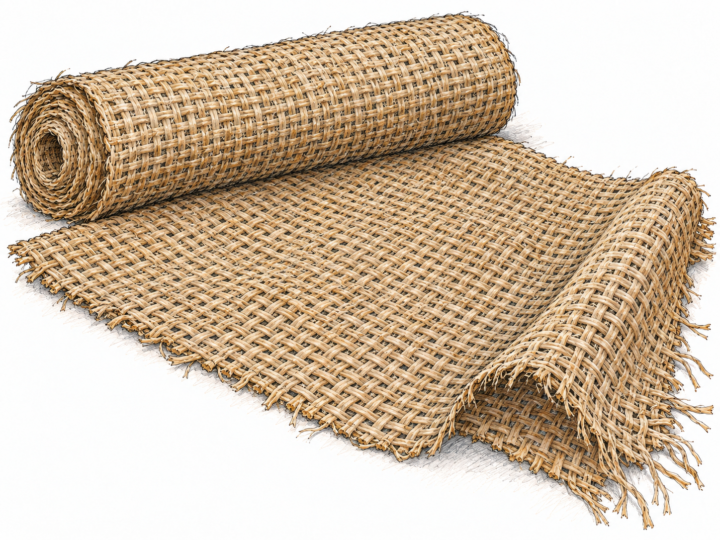 A partly unrolled bolt of natural tan hessian, with a broad folded edge and frayed corner revealing its coarse, open plain weave and fibrous strands.