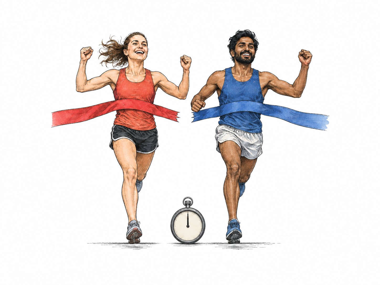 Two runners cross parallel finish lines at precisely the same instant, aligned feet and one shared stopwatch face without numerals.