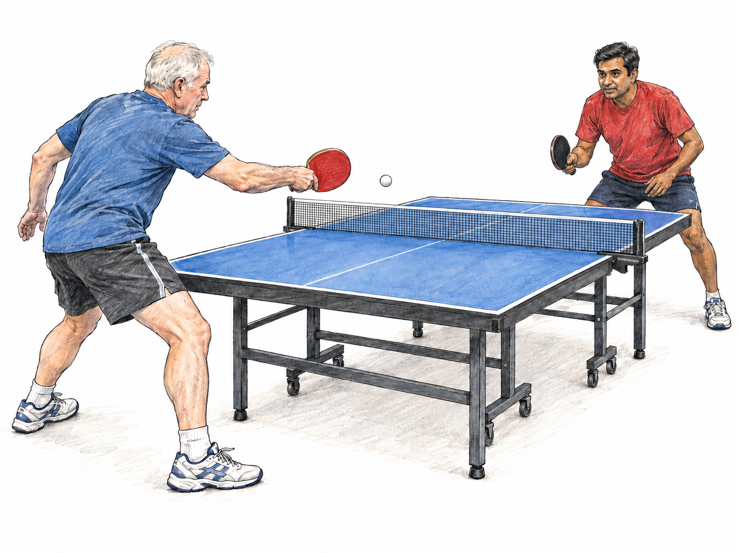 Two opponents actively playing a table-tennis match, facing each other across a clearly divided table with paddles and a ball in play.
