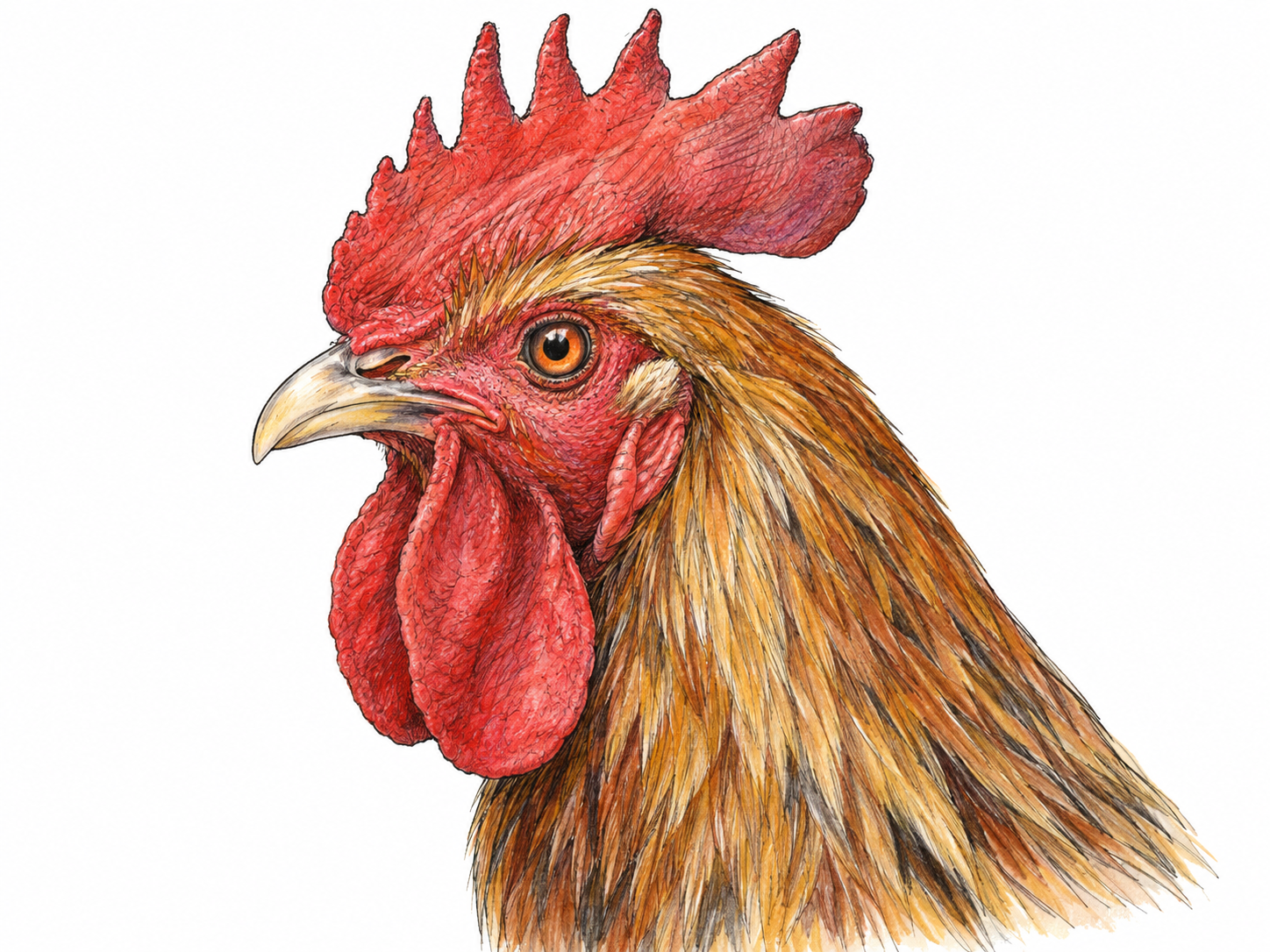 A close side view of a rooster’s head and upper neck, clearly showing the soft red wattles hanging beneath its beak.
