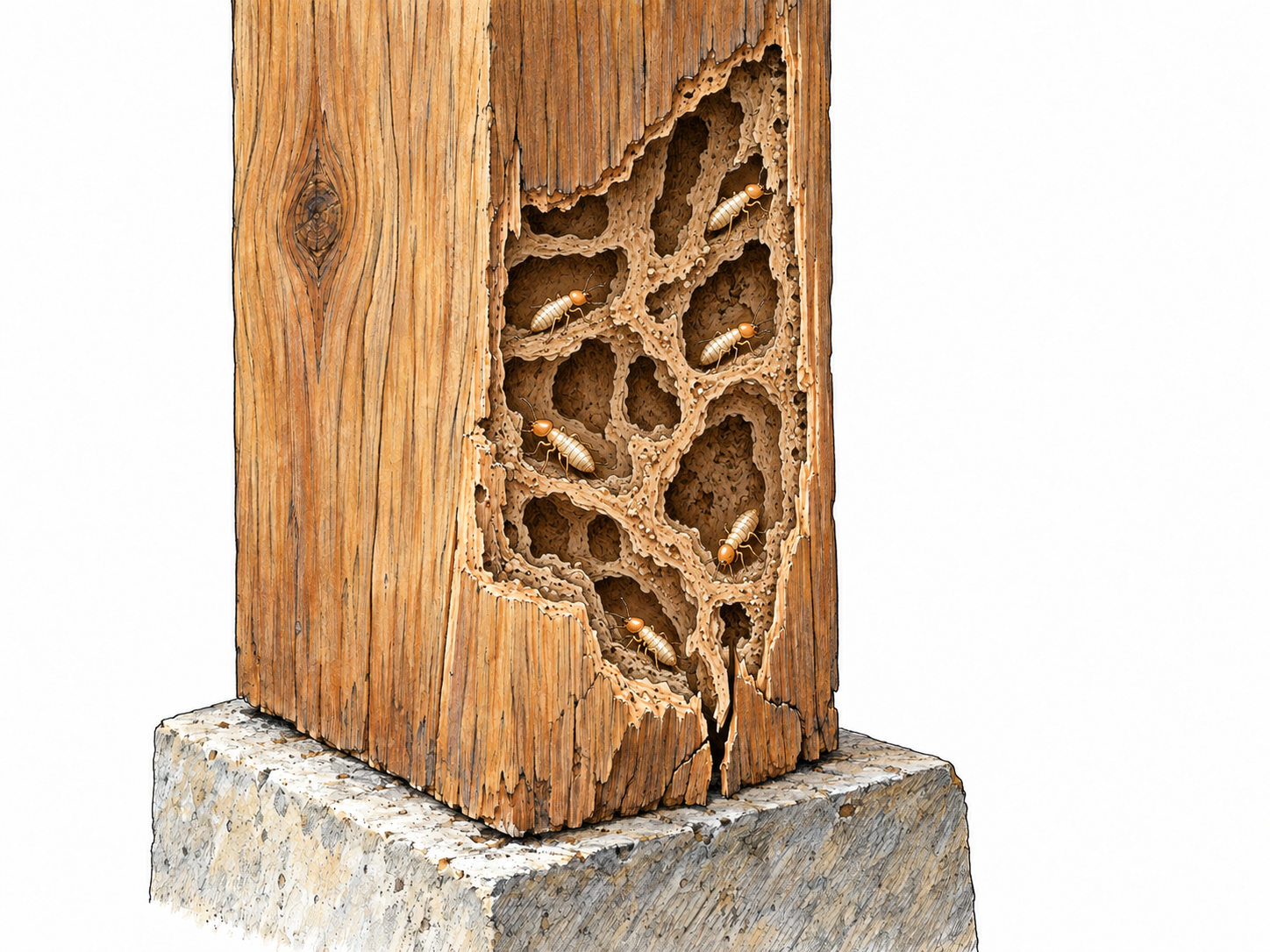 A substantial wooden support beam appears sound outside, but a cutaway reveals termites quietly consuming its interior, leaving extensive tunnels and a dangerously thin shell.