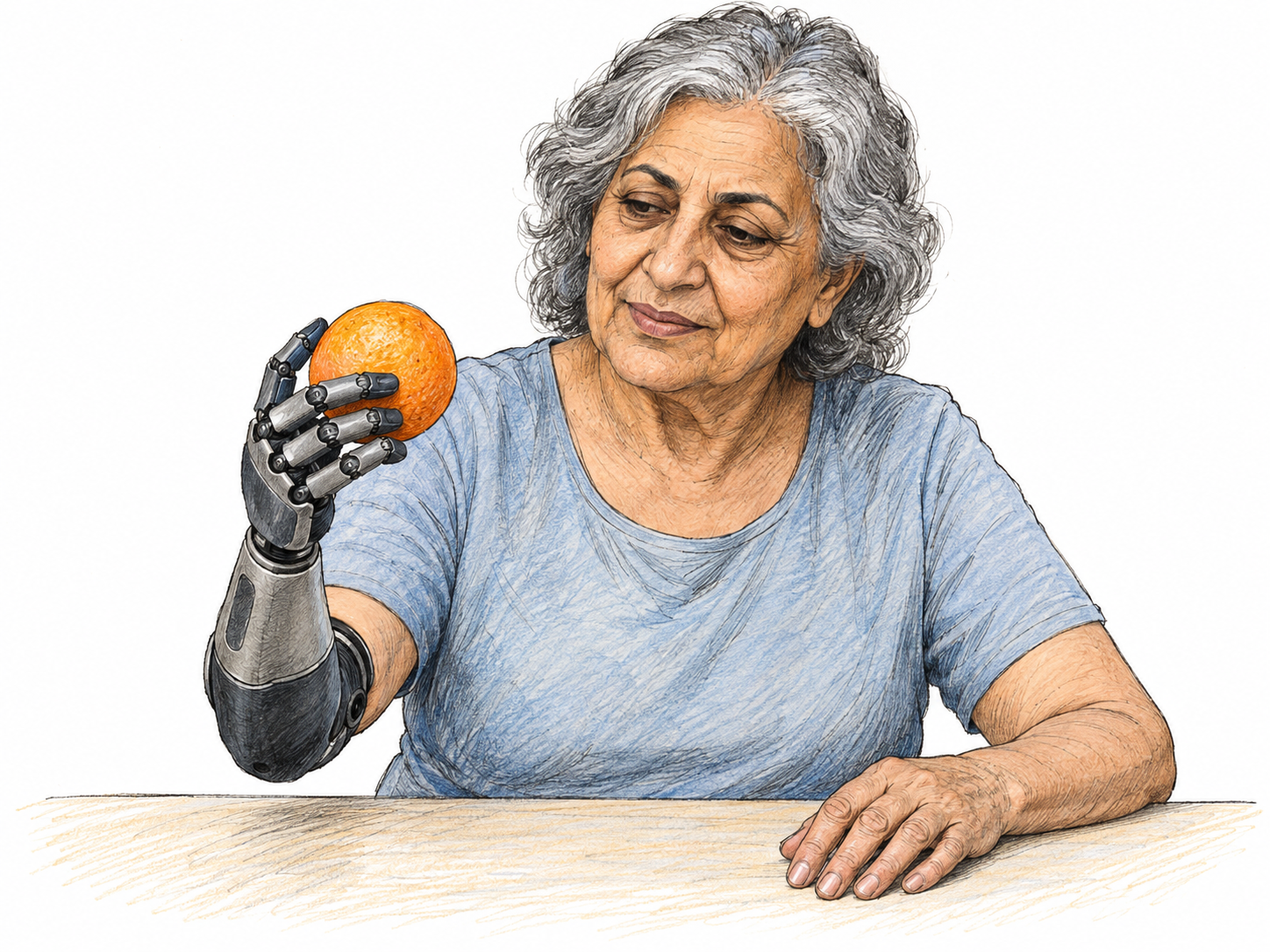 An older woman uses an attached, visibly articulated prosthetic hand to grasp and lift an orange, clearly showing an artificial body part performing a natural hand function.