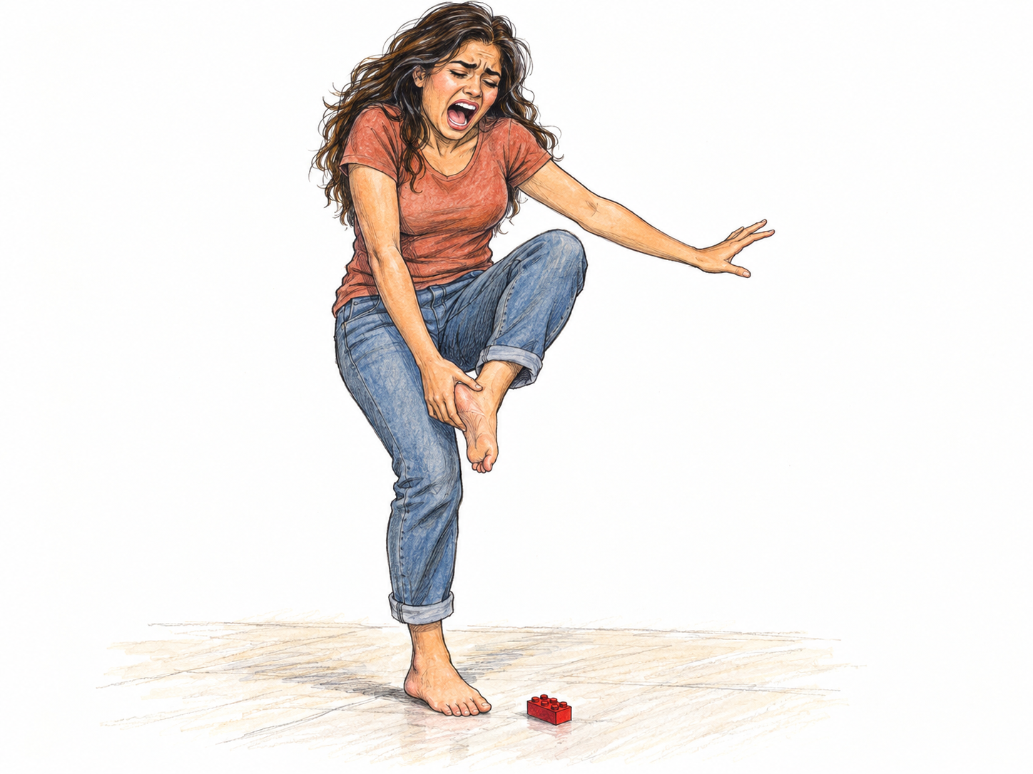 A barefoot woman recoils after stepping on a small toy brick, her mouth open in an abrupt cry and her bent leg jerking upward while she grips the sore foot.