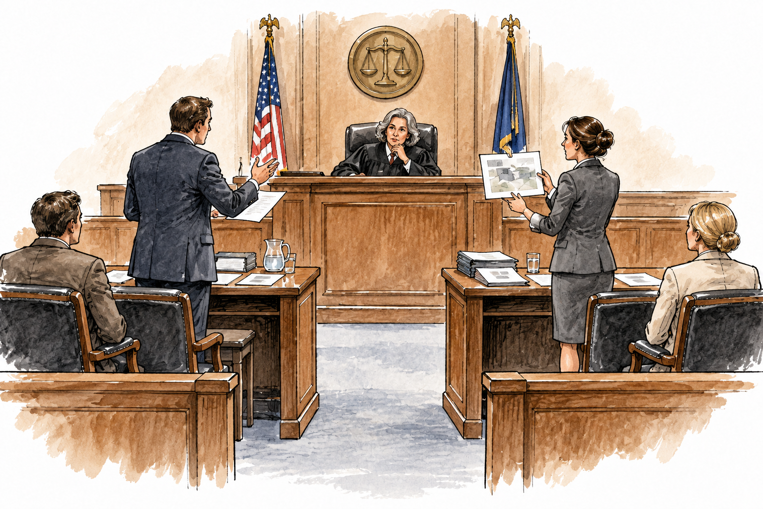 Single wide modern courtroom scene showing a civil dispute being heard: opposing lawyers stand at separate tables presenting evidence to a seated judge while the two clients sit behind them; measured formal proceedings, papers with abstract marks only, no legible writing.