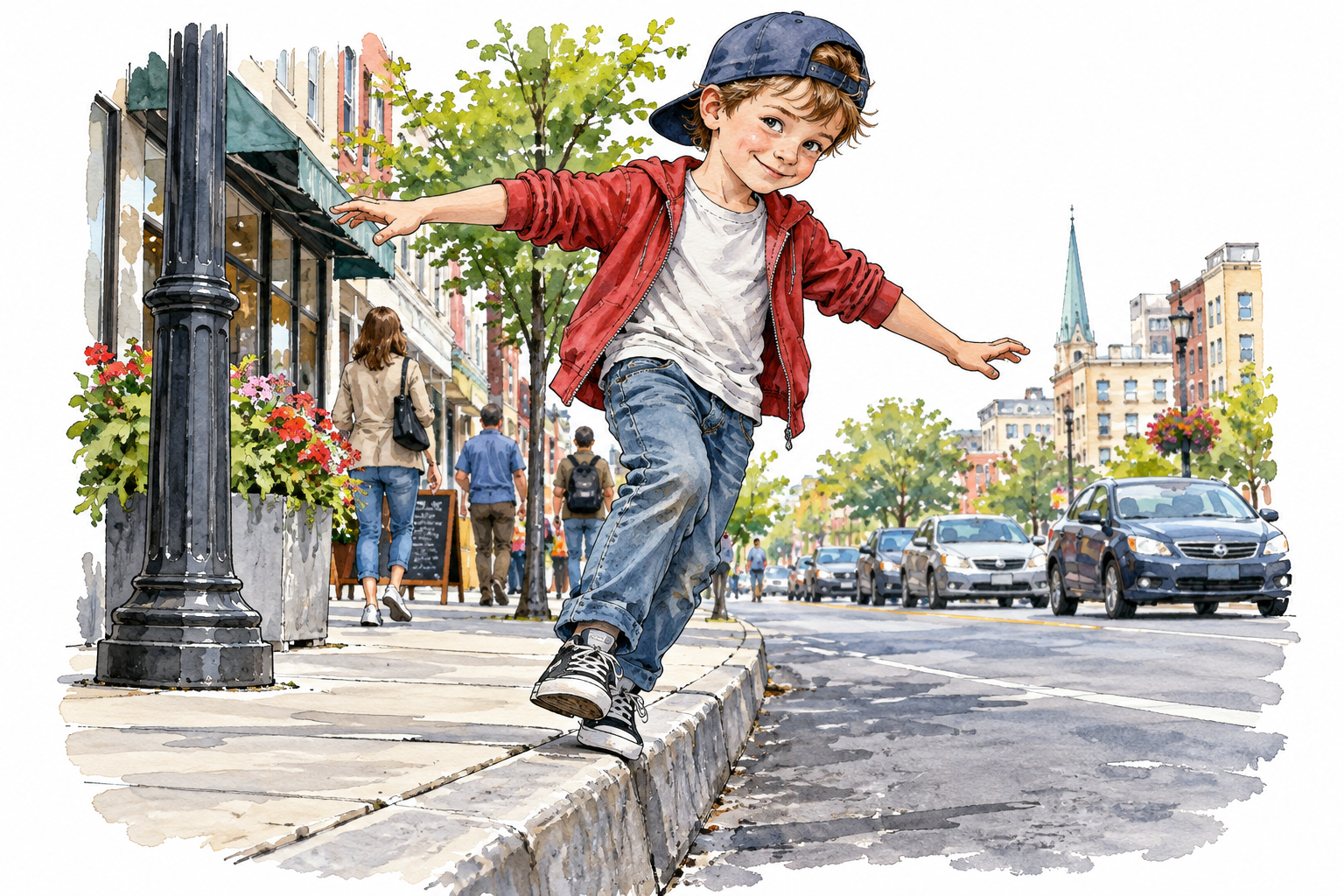 Mischievous white boy with cap cleverly balances on curb grinning, bustling street background, no theft or danger.