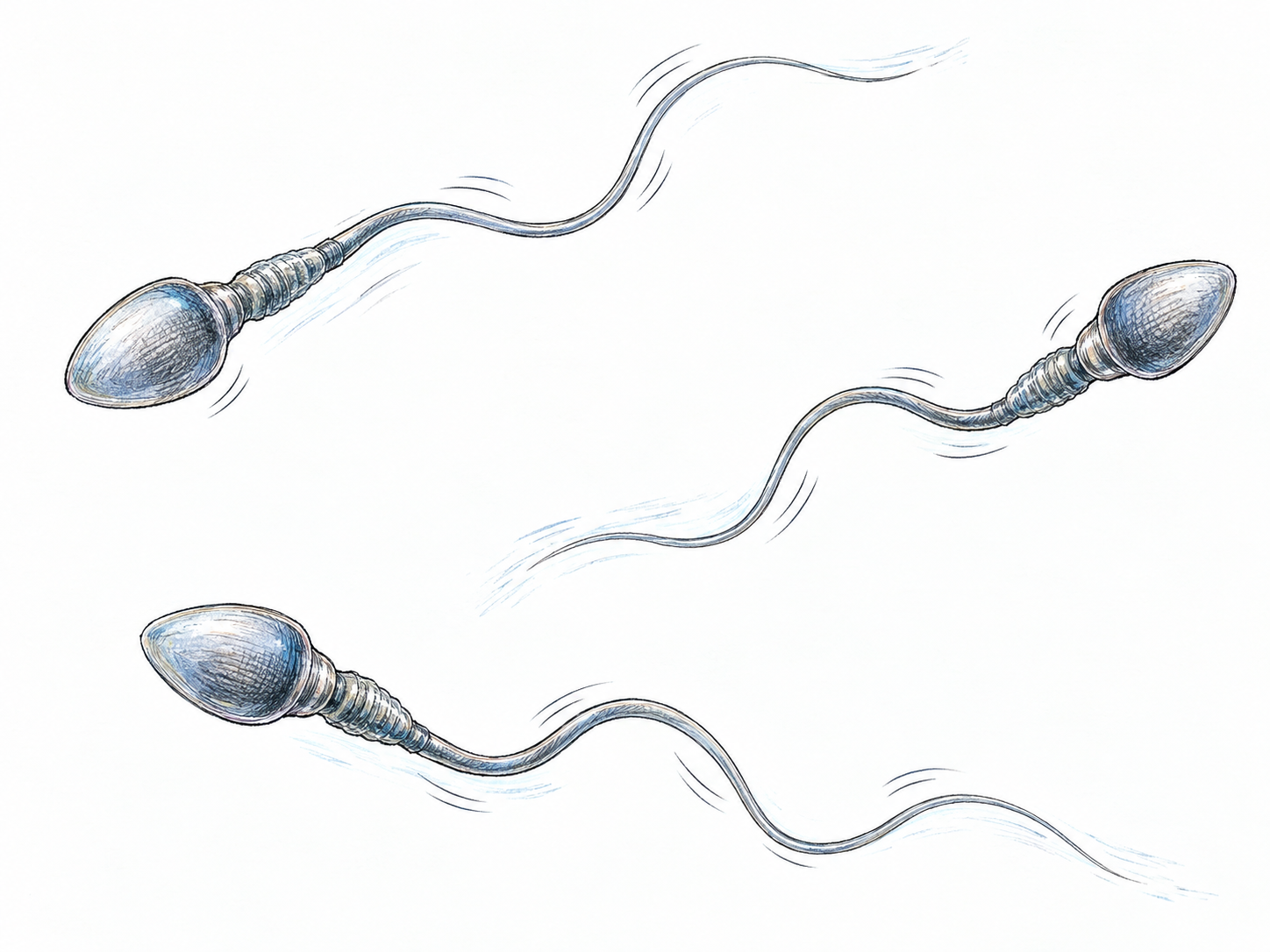 A close microscopic view of sperm cells swimming independently, their bending tails and short motion trails making biological self-propelled movement visible.