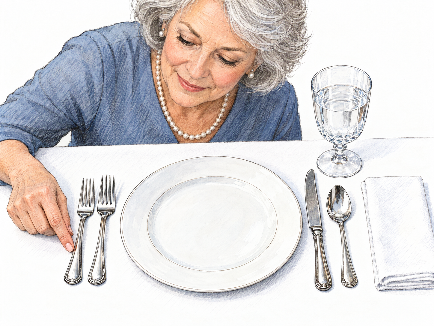 An older woman makes a minute refinement to an already immaculate formal place setting, nudging one fork into exact alignment with its neighbor—a small nicety of presentation and etiquette.