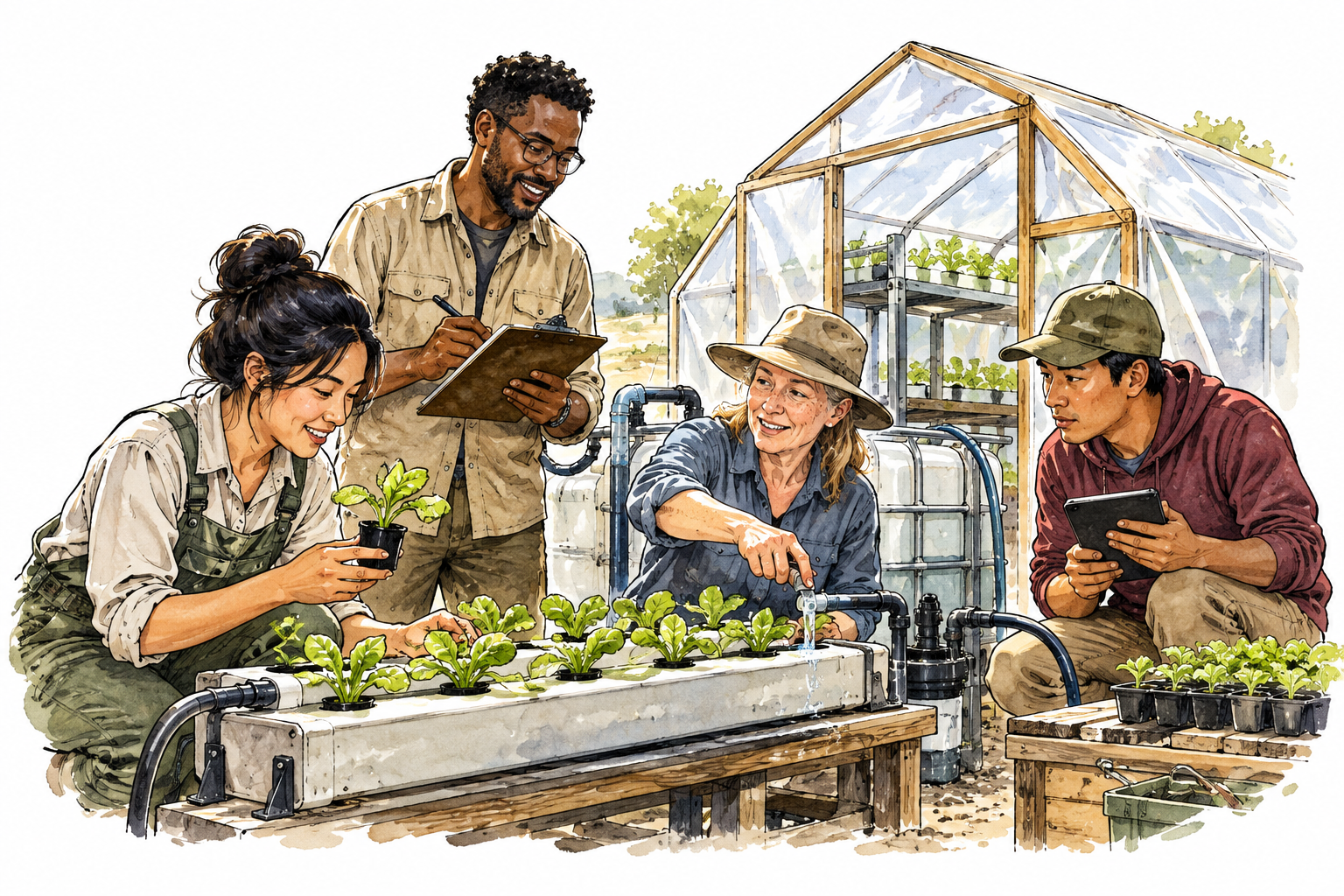 A diverse research team pioneers a new greenhouse growing method, first trial equipment and fresh seedlings.