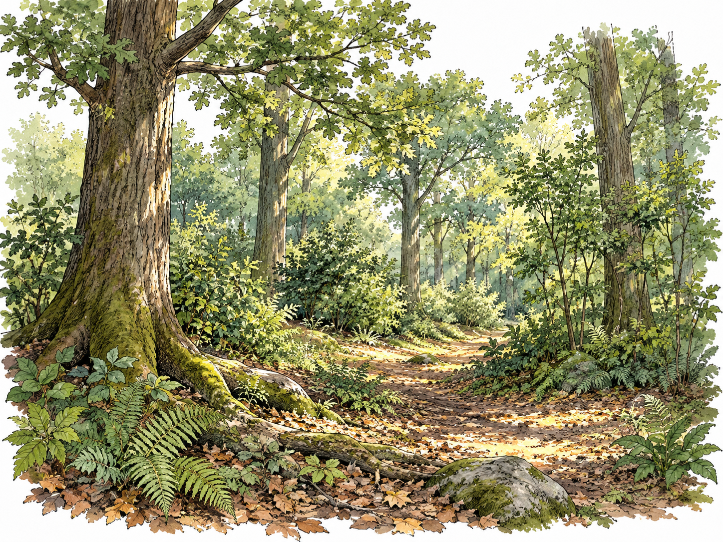 A peaceful woodland with mature trees, shrubs and dappled sunlight.