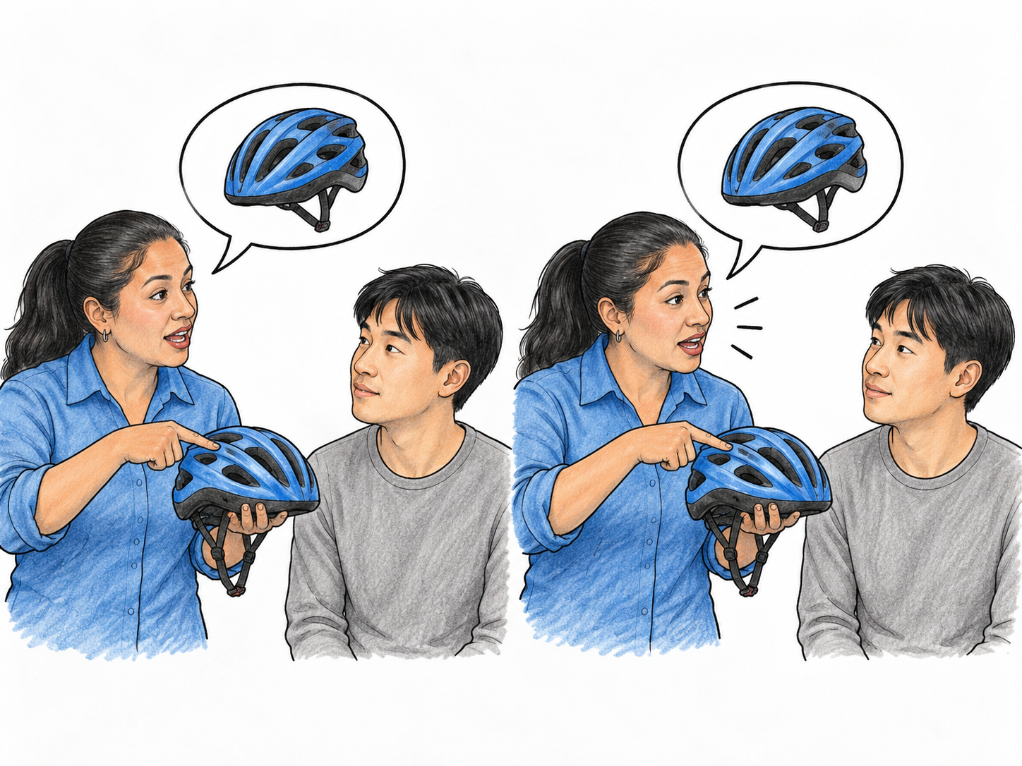 Teacher points firmly to a bicycle helmet in both of two sequential matched poses, repeats safety instruction for emphasis, two speech bubbles each contain identical helmet icon only, listener attentive, white backdrop no words.