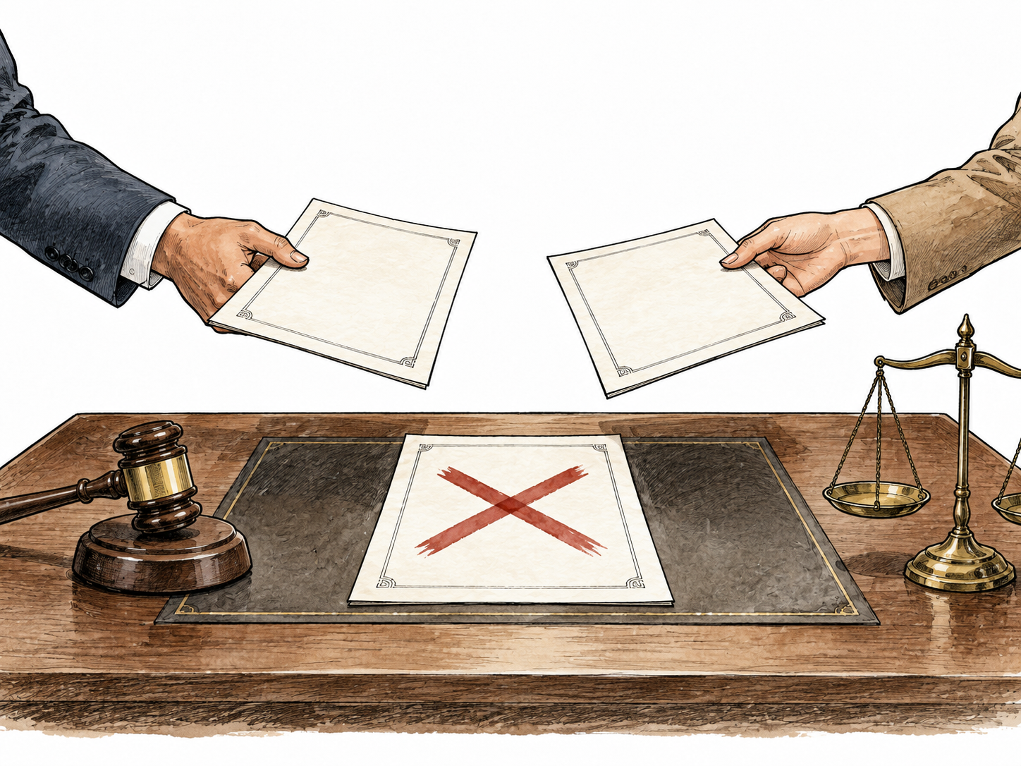 Two parties return contract copies across a legal desk while a central sheet is marked with a clear cancellation X, no legible text.