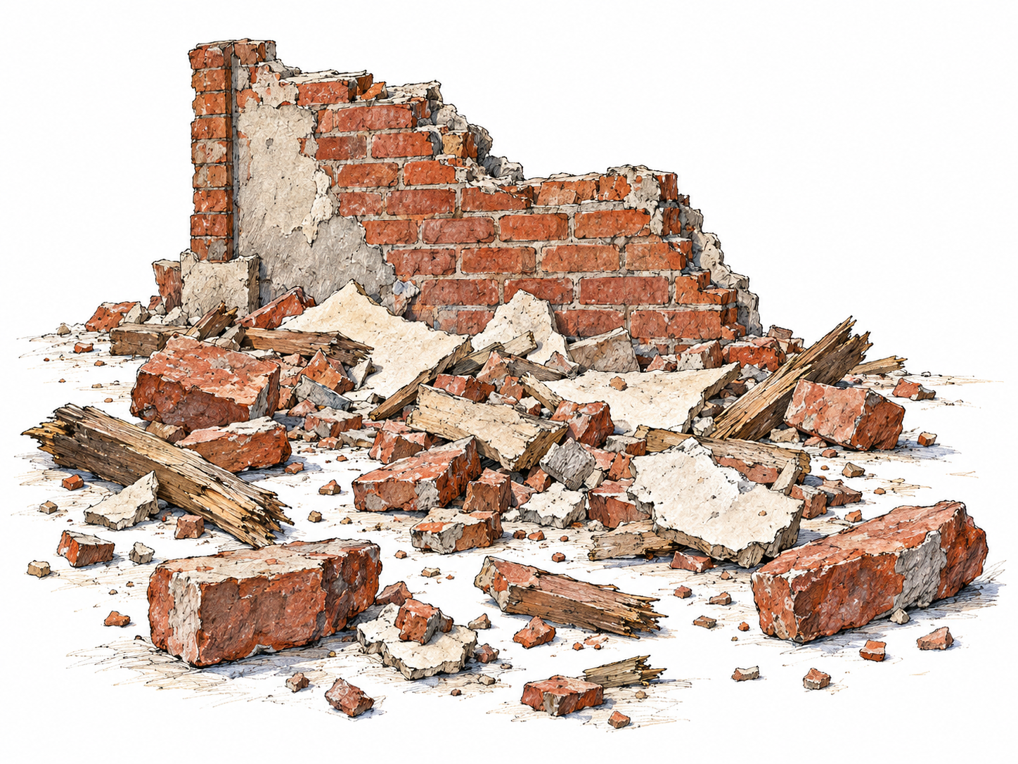 Broken bricks, jagged plaster fragments, and splintered timber scattered below the ragged broken edge of a partially collapsed brick wall.