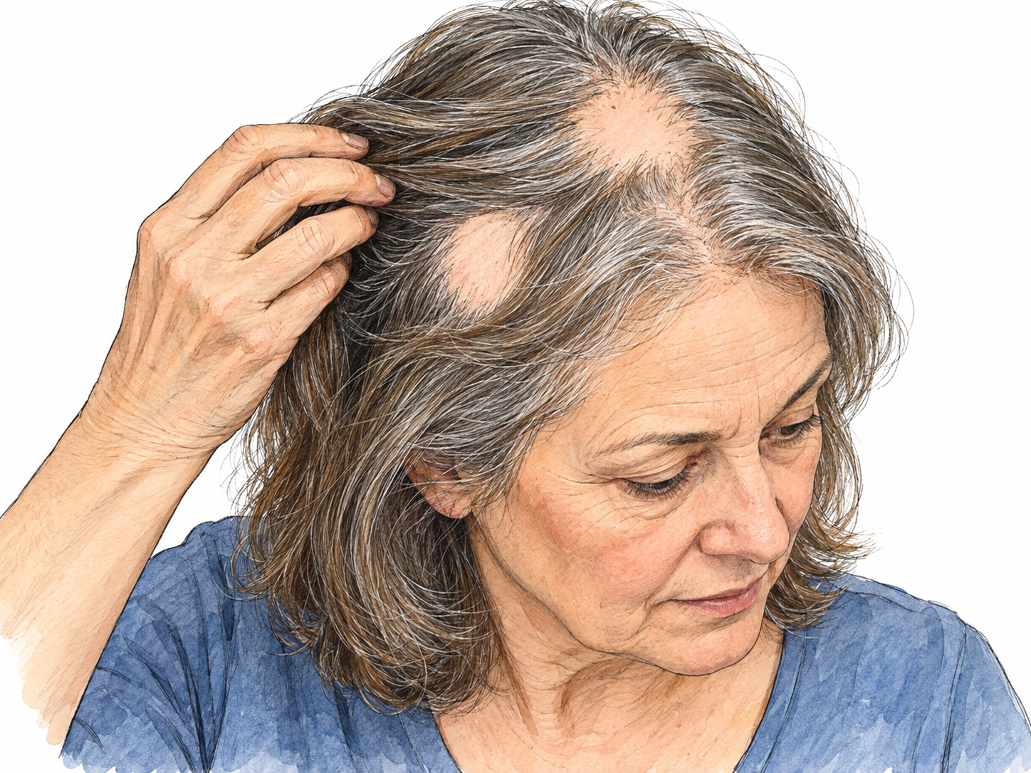 Close three-quarter view of an older woman gently parting her hair to reveal two clearly defined, irregular round patches of smooth bare scalp amid otherwise intact hair, making patchy hair loss the unmistakable focus.