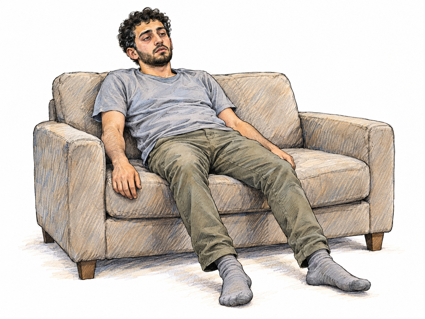 An awake young man sits heavily slumped on a sofa, eyelids drooping, shoulders rounded and arms hanging limply, with no energy even to sit upright.