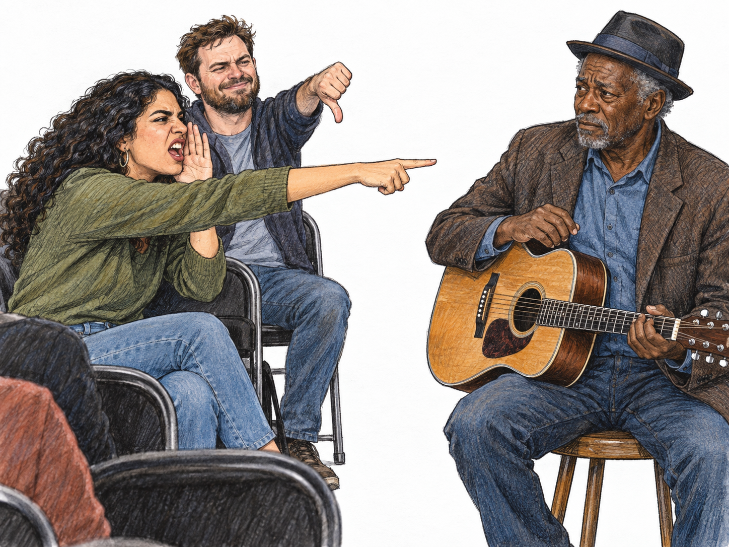 A woman in a small performance audience leans toward an older guitarist, cupping one hand beside her open mouth as she calls out mockingly and pointing directly at him with the other.