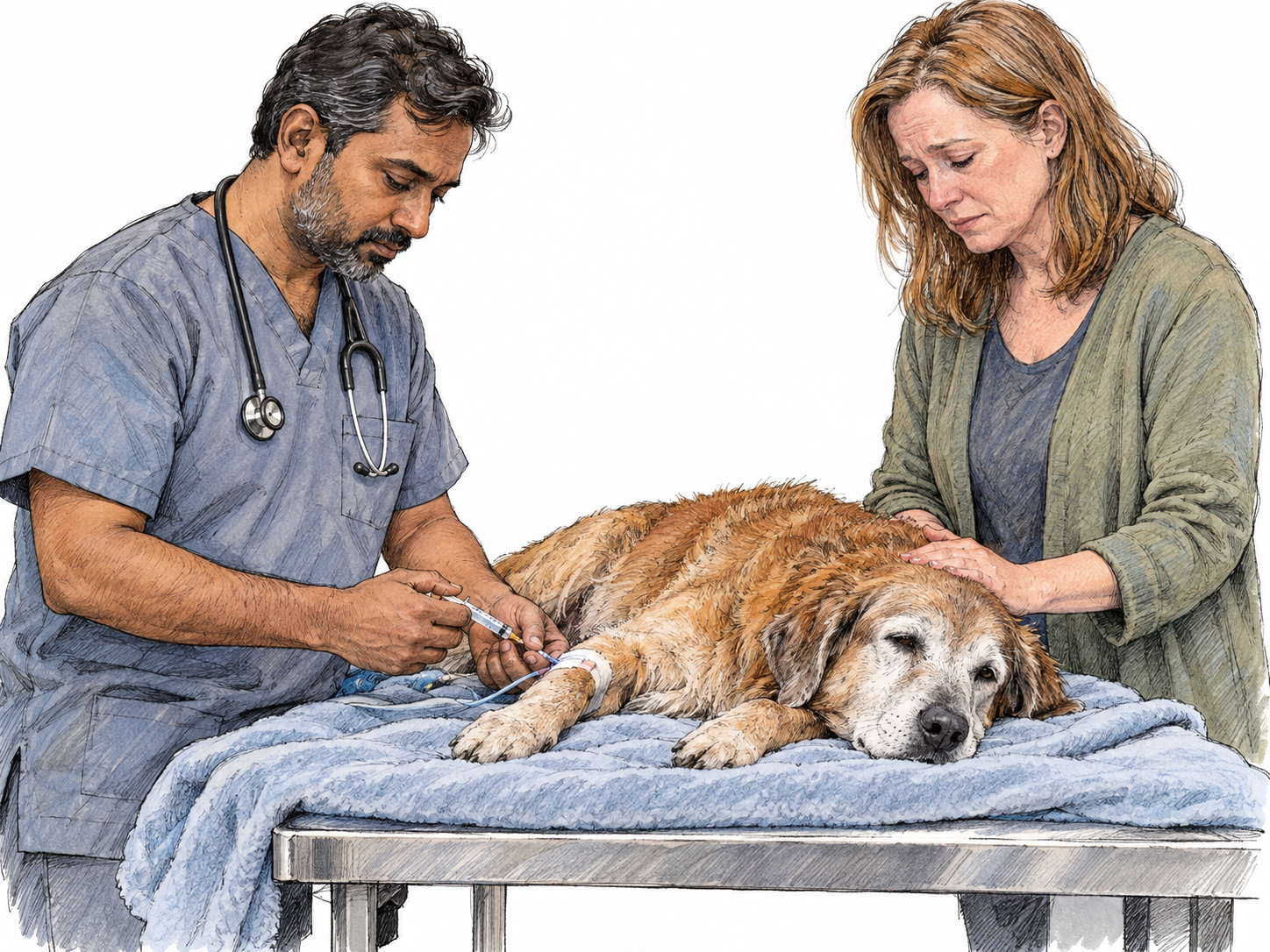 A compassionate veterinary euthanasia scene: a veterinarian administers an end-of-life injection through an existing catheter to a gravely ill elderly dog while its owner gently rests a hand on the dog.