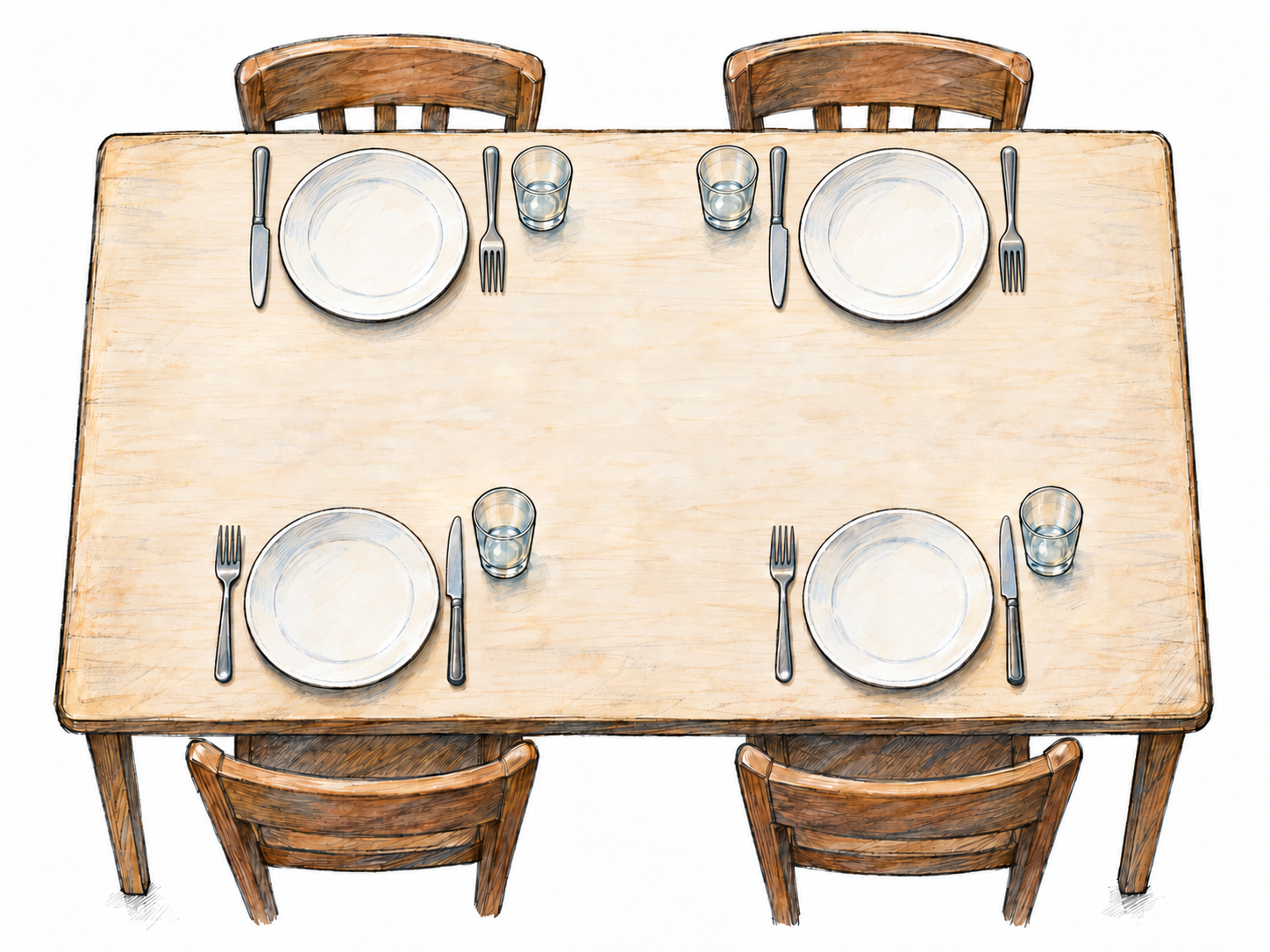 An overhead view of a deliberately ordered dining-table setting for four: evenly spaced plates, neatly aligned cutlery, and matching glasses make the ordered placement of things immediately visible.