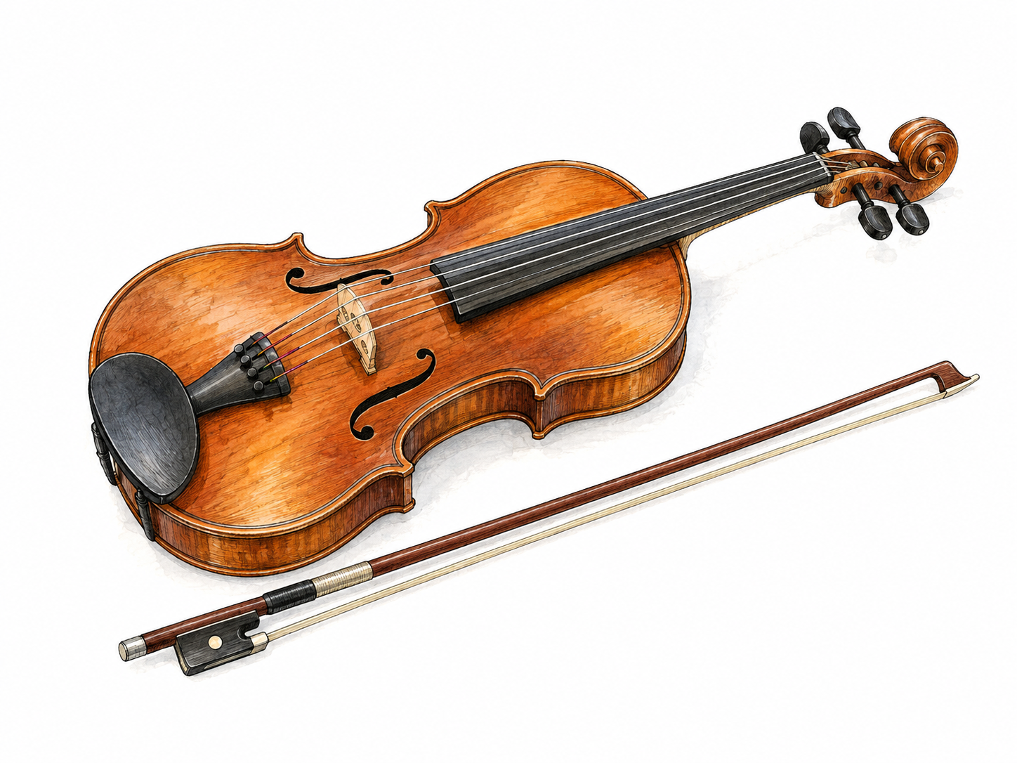Violin and bow isolated, accurate four strings, scroll, bridge and f-holes.