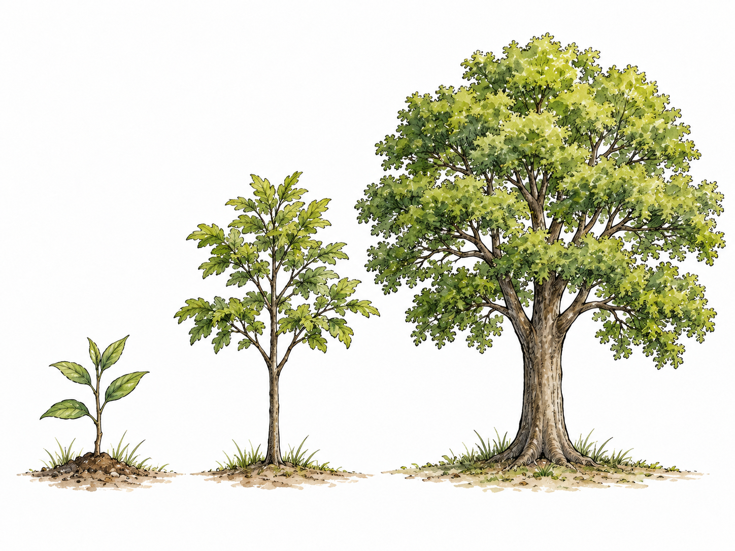 A sequence of sapling, young tree and mature tree clearly follows growth stages.