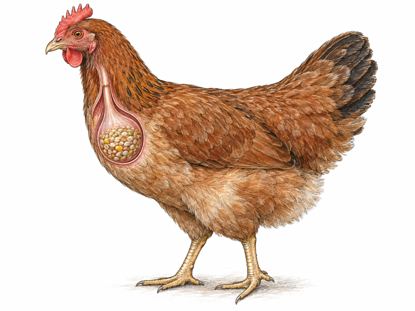 A side-view domestic hen with a small anatomical cutaway exposing its grain-filled crop at the base of the neck, making the throat food-storage pouch visible.