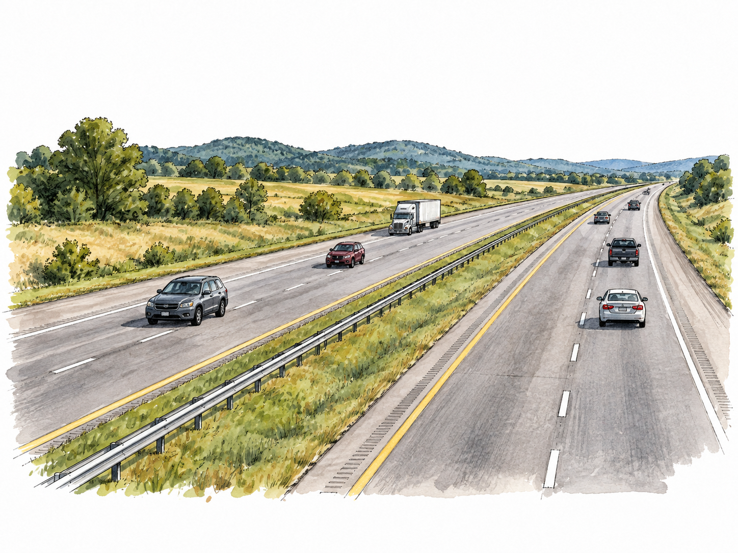 A broad divided highway carries modest traffic through open countryside.