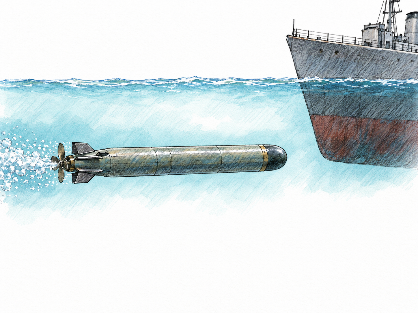 A recognizable torpedo travels underwater toward a ship’s submerged hull, its rear propeller and trailing bubbles visibly establishing propulsion and direction.