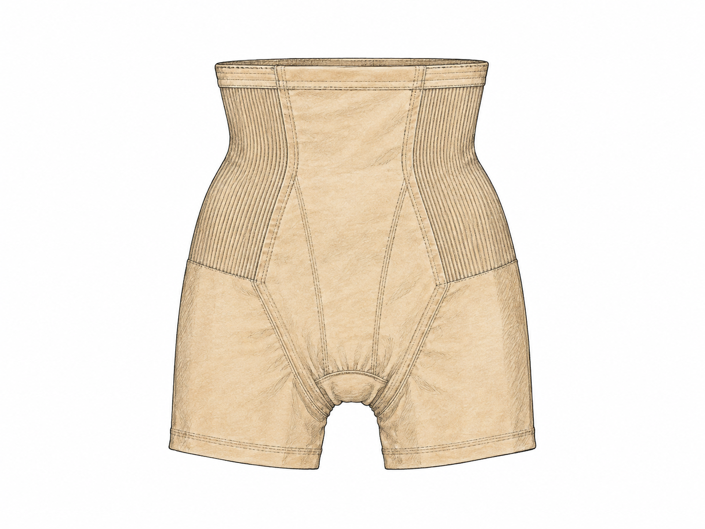 An isolated plain beige vintage shaping girdle laid flat, high waist to upper thighs, visibly firm elastic side panels and supportive seams, no person or mannequin.