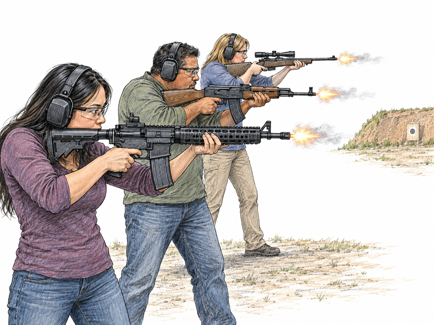 Three shooters at an outdoor firing line discharge their rifles simultaneously, making a coordinated burst of shots visible through three concurrent muzzle flashes.