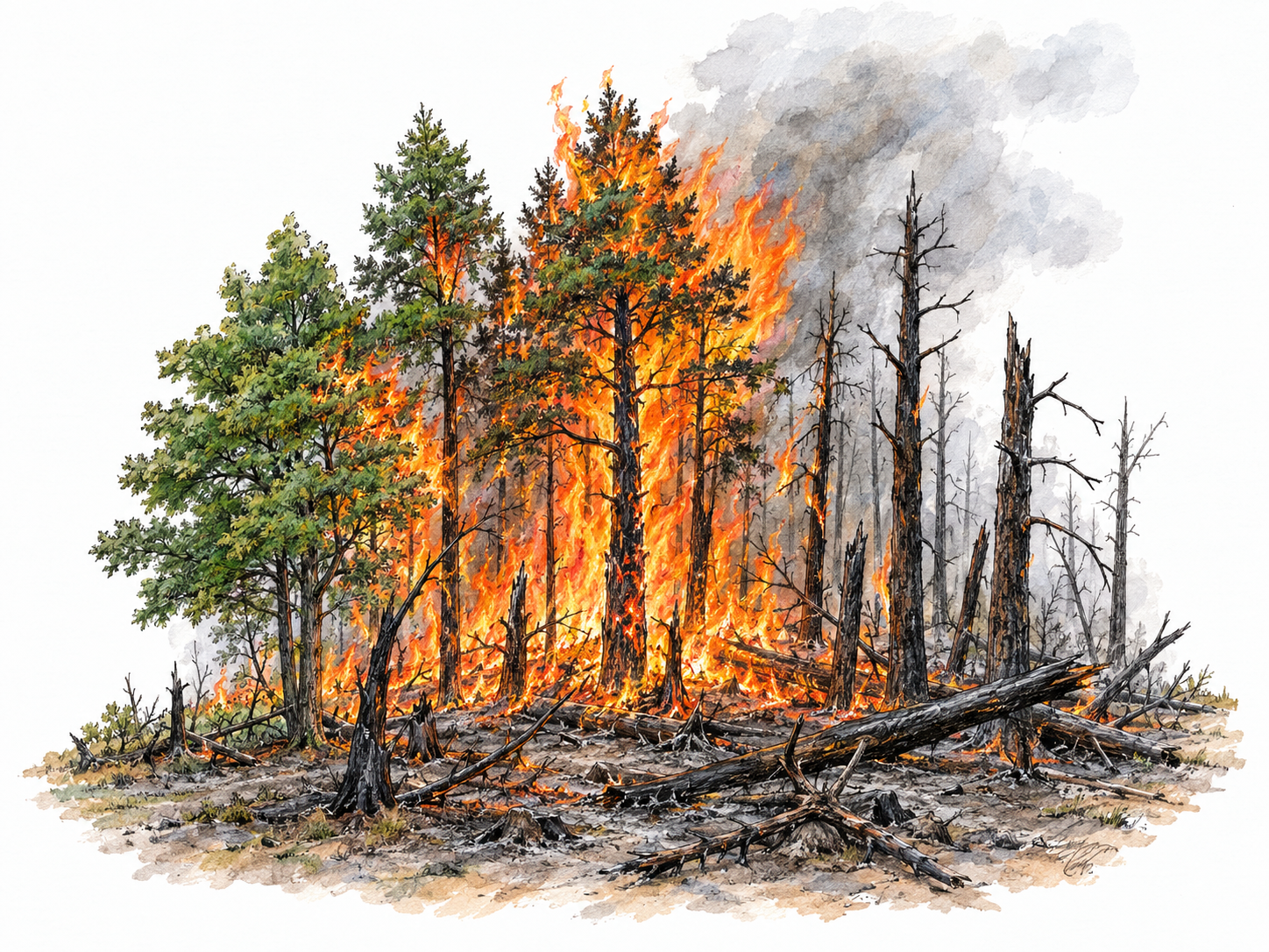 A wildfire actively ravages a small woodland: flames consume tree crowns while most nearby trunks are blackened, broken, and surrounded by scorched vegetation.