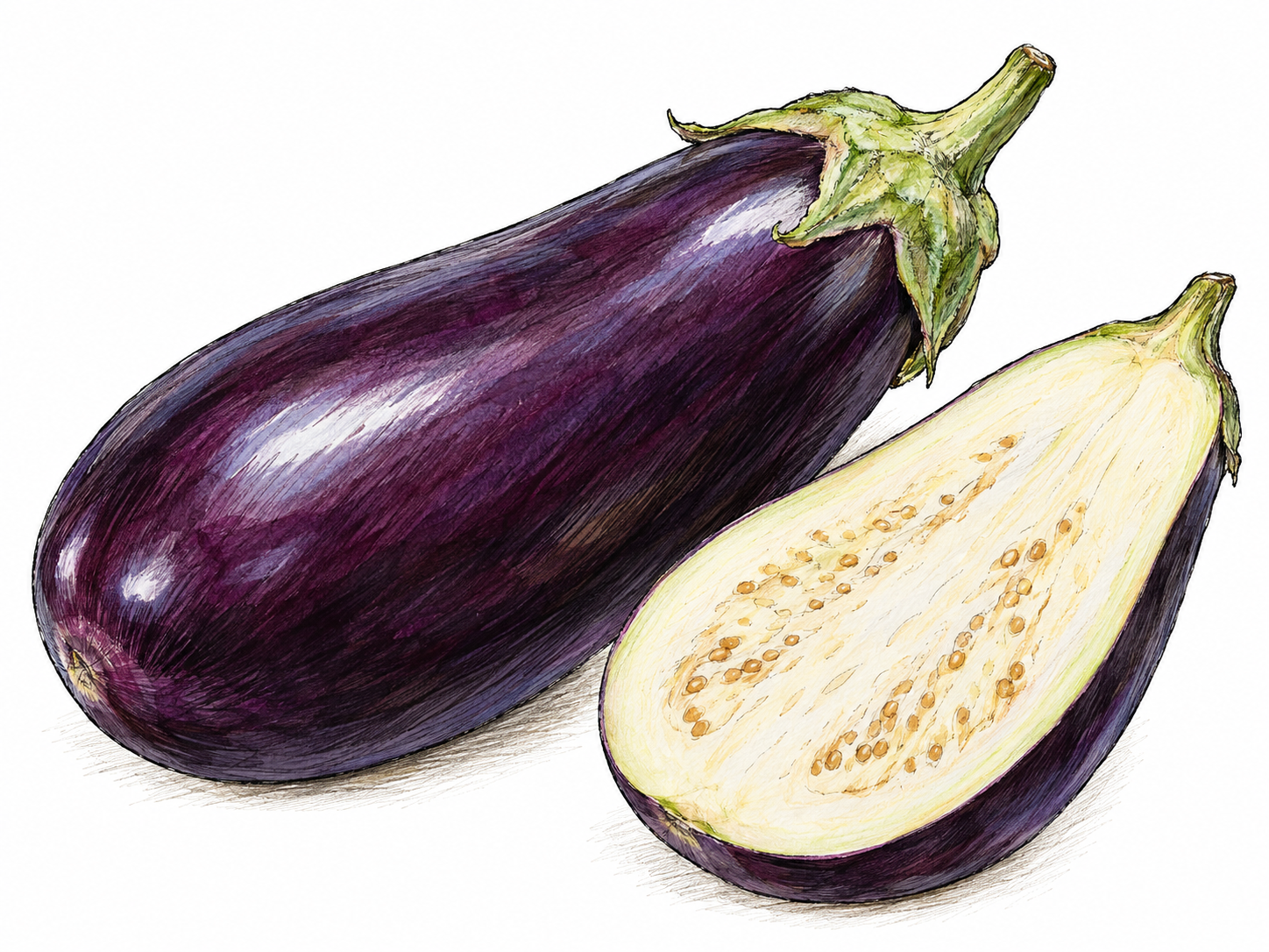 A whole deep-purple aubergine with its green calyx, beside a lengthwise half revealing pale flesh and small seeds.