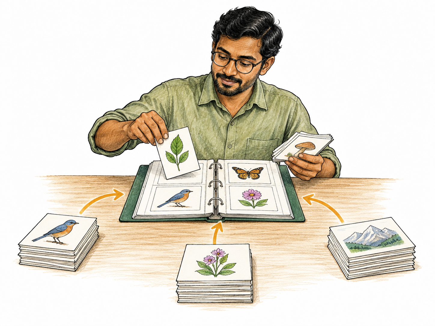 Adult brings separate picture-only research cards from three piles into one organized binder, gathering multiple sources.