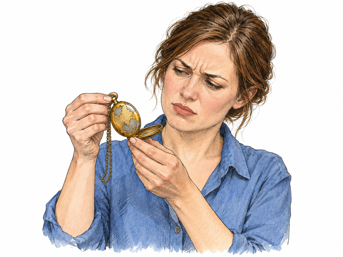 Person scrutinizes a gold-colored pocket watch whose plating is visibly flaking to gray metal, skeptical eyebrow and uncertain expression.