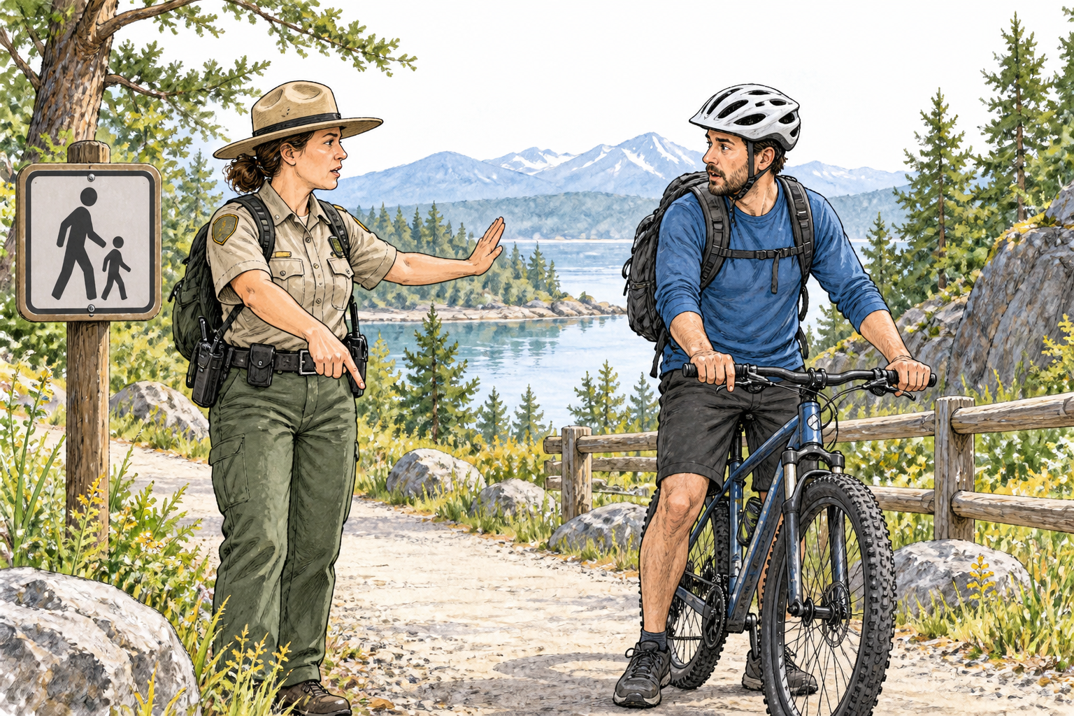 Park ranger firmly directs cyclist to dismount and walk beside a clear pedestrian-only pictogram sign, enforces rule, no lettering.