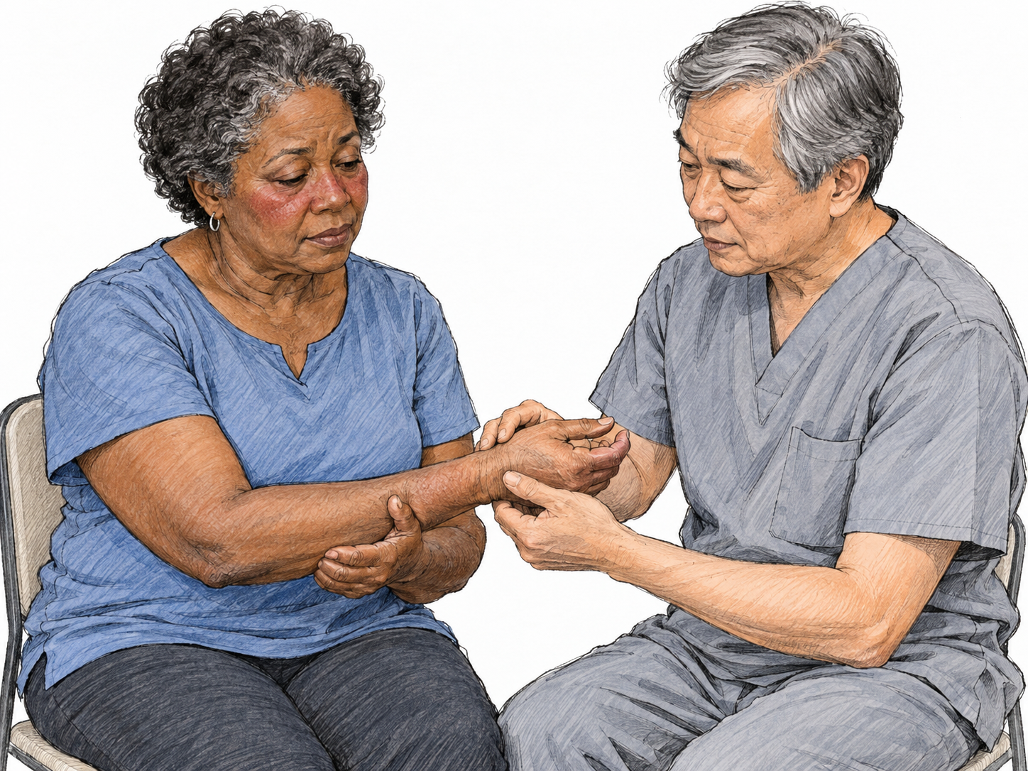 A simple modern medical consultation: an older Black woman with subtle butterfly-shaped redness across her cheeks and nose gently supports a sore wrist while an older East Asian male clinician examines it.