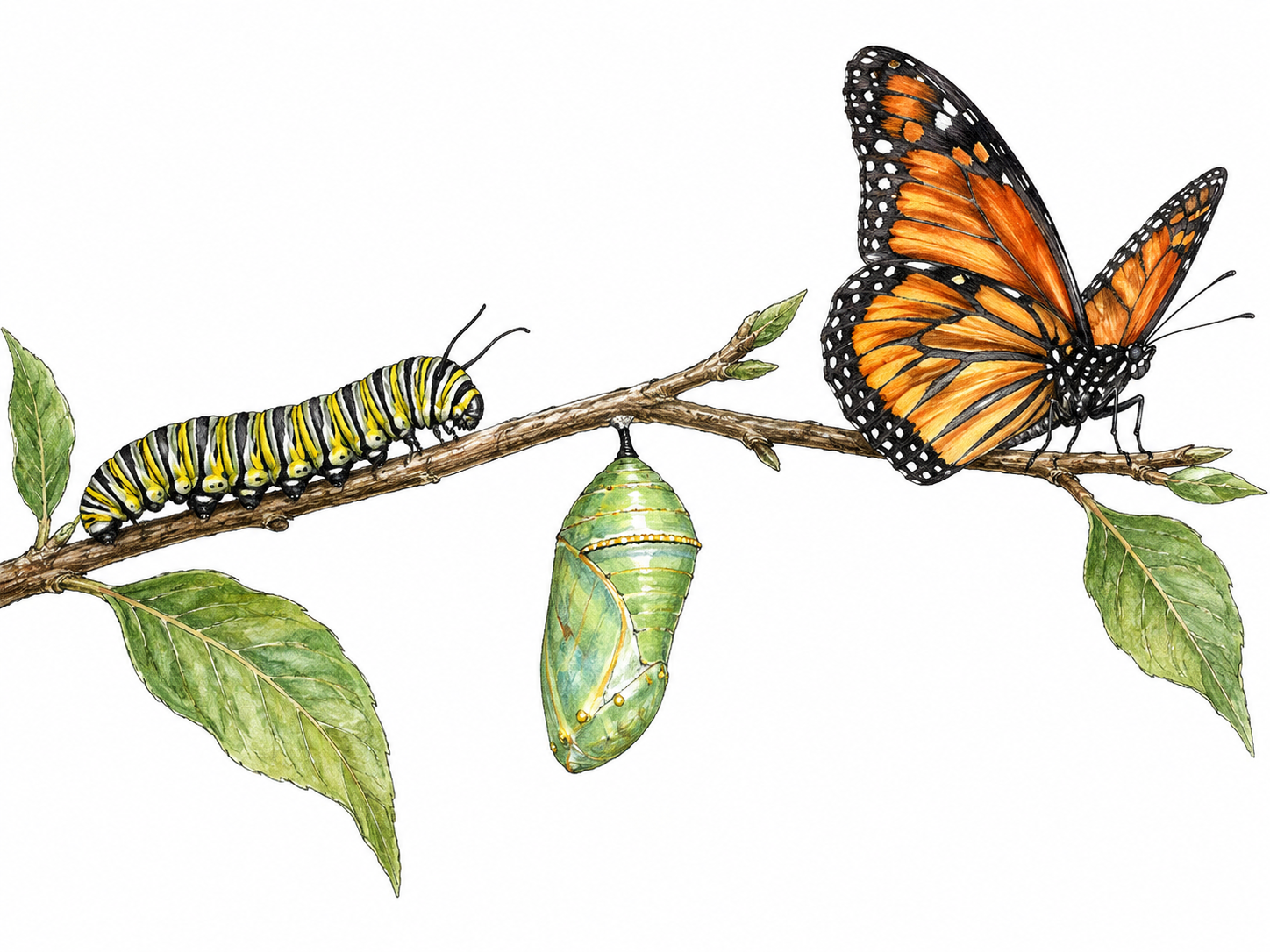 Three natural stages along one twig: caterpillar at left, suspended chrysalis center, adult butterfly right; realistic complete change of form, no labels or arrows.