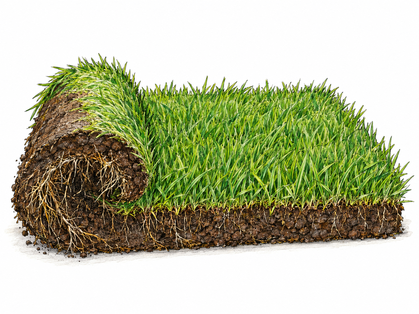 A thick strip of living grass turf, partly rolled back to expose the tightly rooted soil beneath, adjoining a flat grass-covered patch.