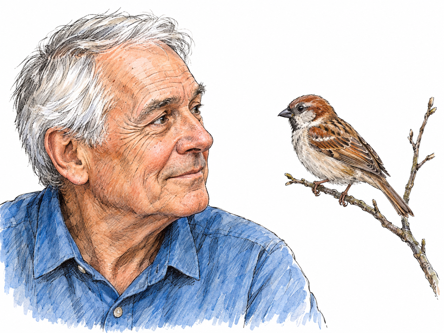 An older man turns his head and directs his clearly visible eyes toward a small bird perched nearby at eye level.
