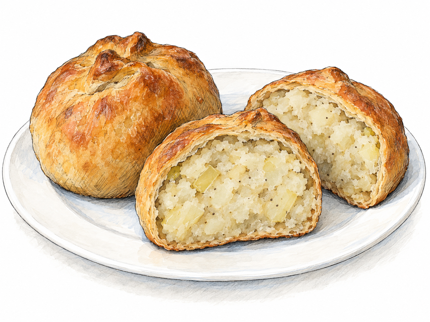 A whole round baked potato knish beside a second knish cut in half, revealing dense mashed-potato filling enclosed in a thin golden pastry shell.