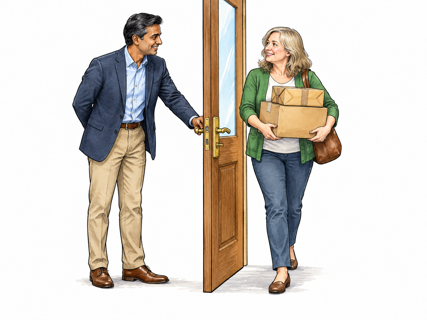 Adult man courteously holds door open for another adult carrying parcels, polite well-mannered behavior, no wording.
