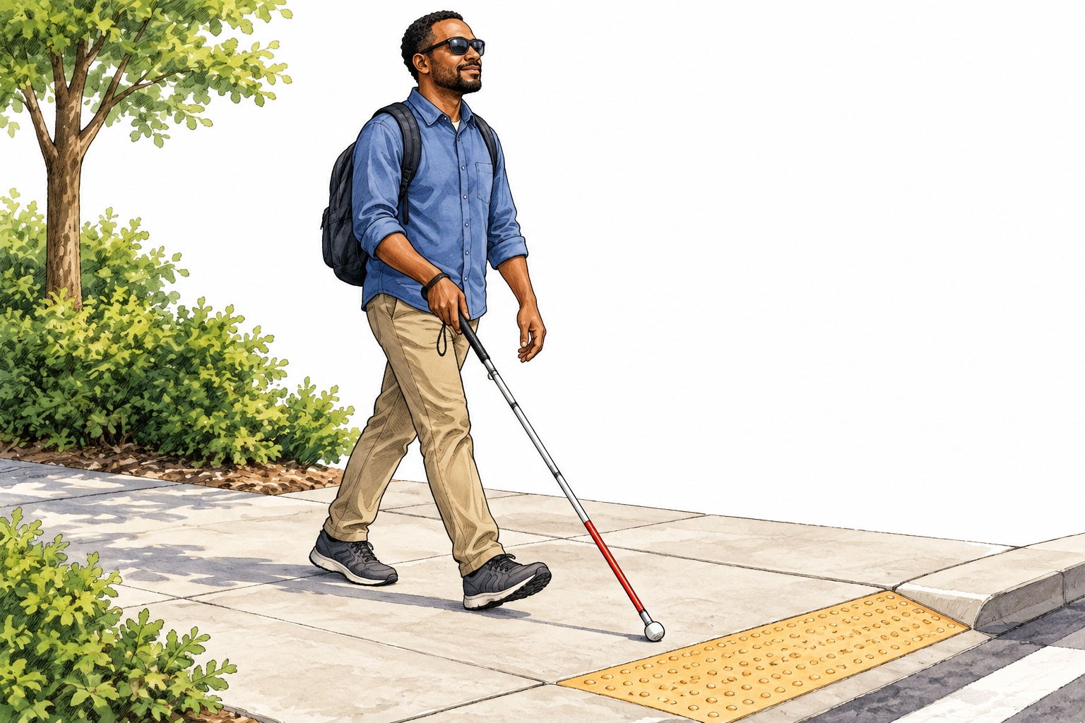 A blind adult confidently walks with a white cane on a clear accessible sidewalk, respectful realistic portrayal.