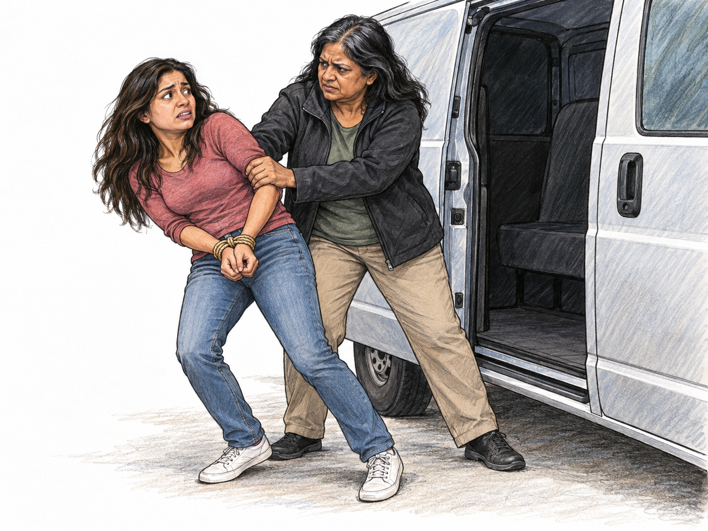A plainclothes abductor forcibly pulls a resisting, bound adult toward the open side door of an unmarked van.