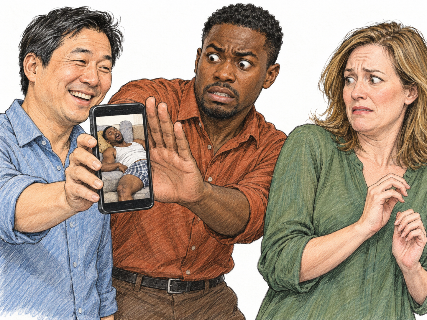 At a small social gathering, a man indiscreetly displays an embarrassing private photograph of his friend to another guest while the visibly embarrassed friend tries to cover the screen.