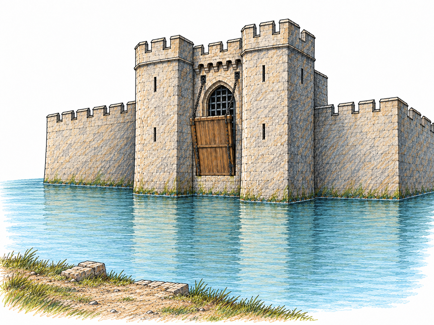 An isolated medieval fortress behind an unmistakably broad water moat, with its drawbridge raised vertically and no remaining connection to the near bank.